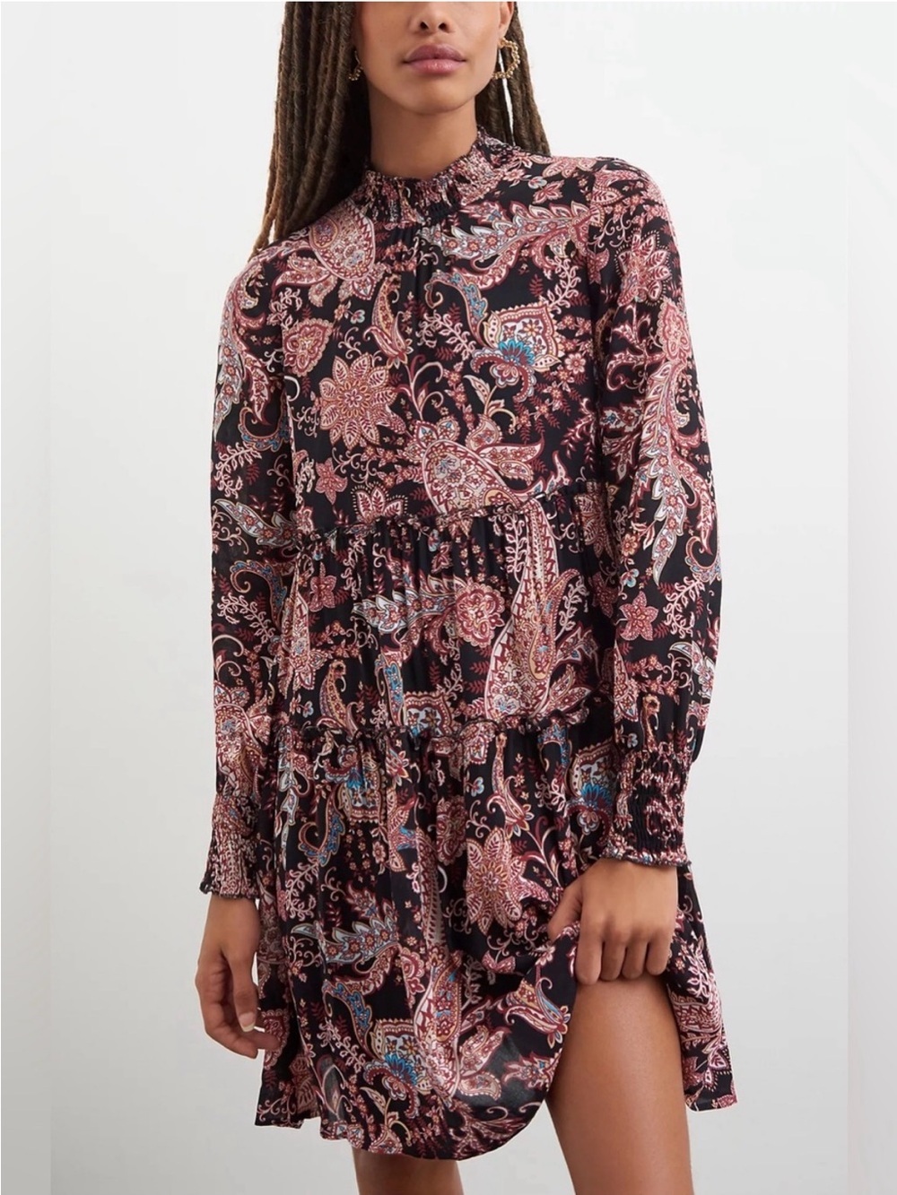 by Anthropologie Cady Tiered Mini Dress S Paisley Boho Long Sleeve NWT